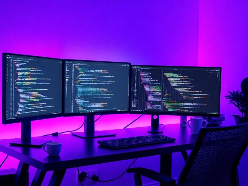 Web development workspace with code on multiple monitors
